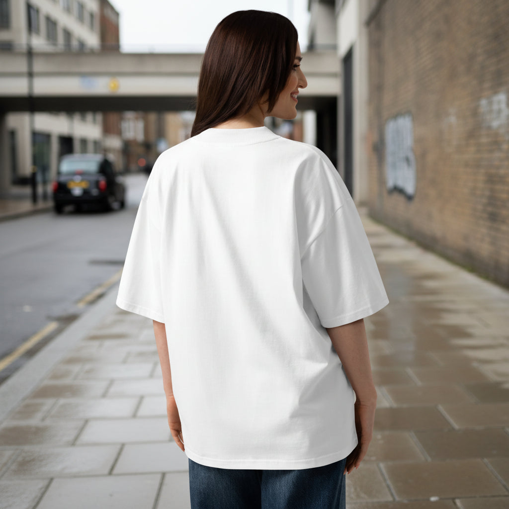 Unisex white oversized organic high neck T-shirt with back design, casual streetwear style by Craftklart.