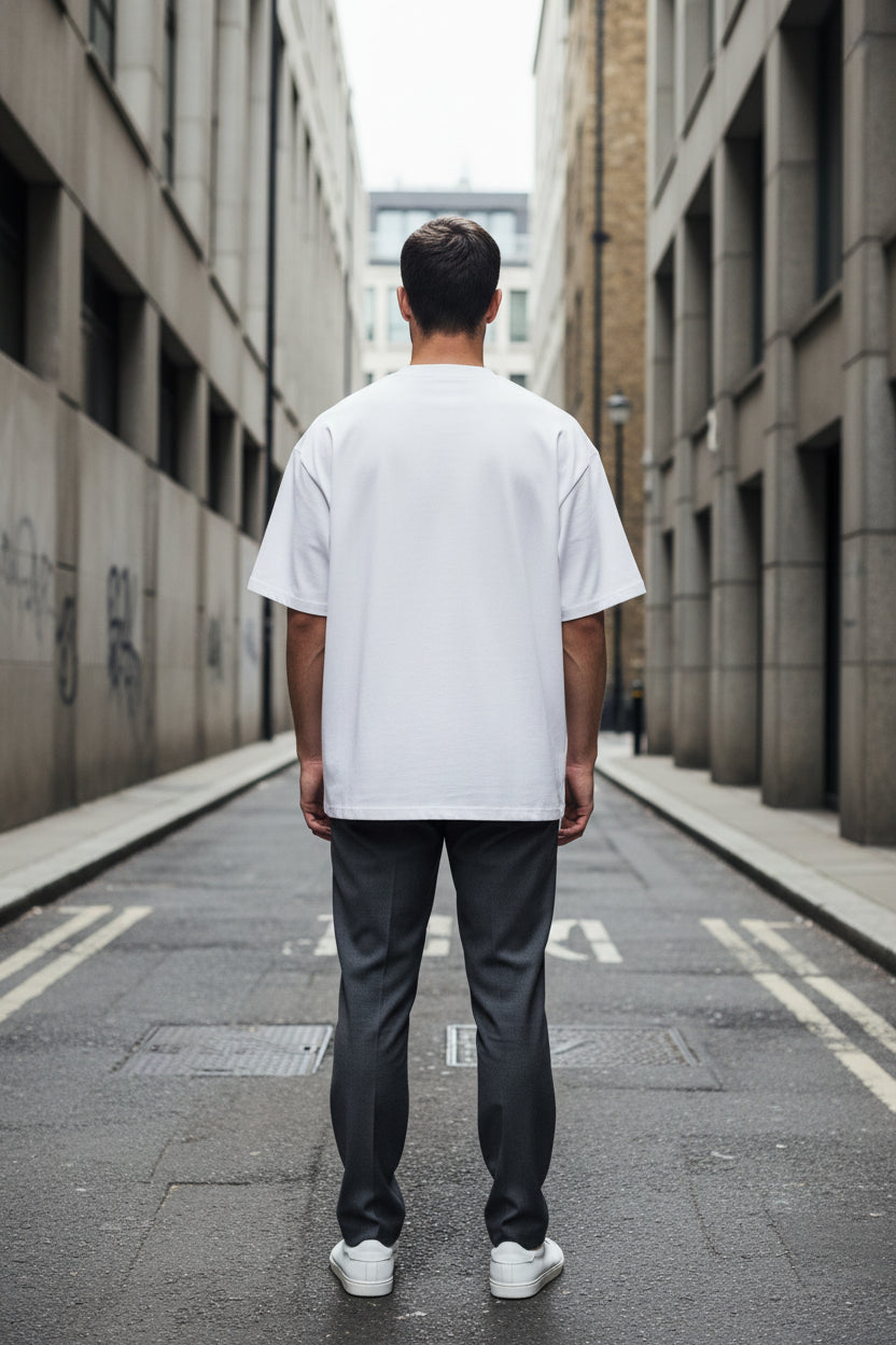 Unisex oversized white organic high-neck T-shirt by Craftklart, with a relaxed fit and minimalist design, front and back view.