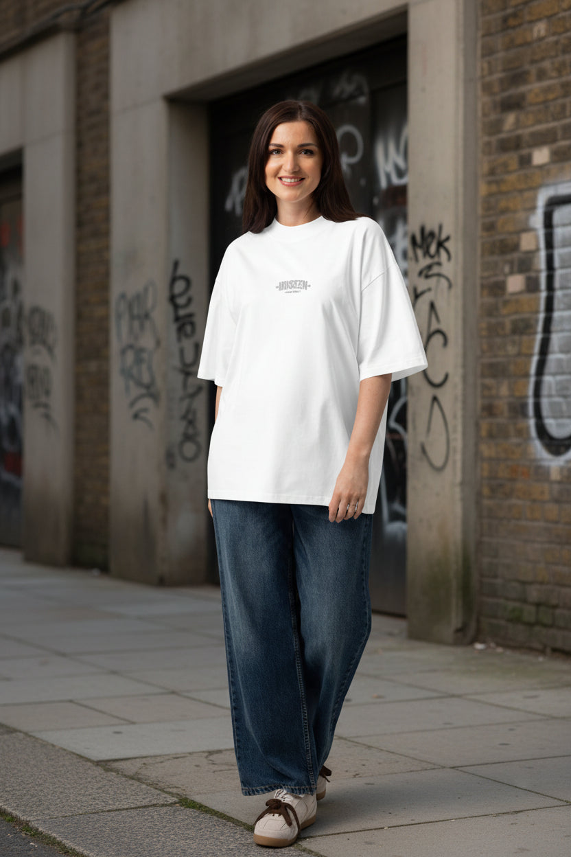 Unisex white oversized organic high neck T-Shirt by Craftklart, featuring a relaxed fit and high neckline, front view.