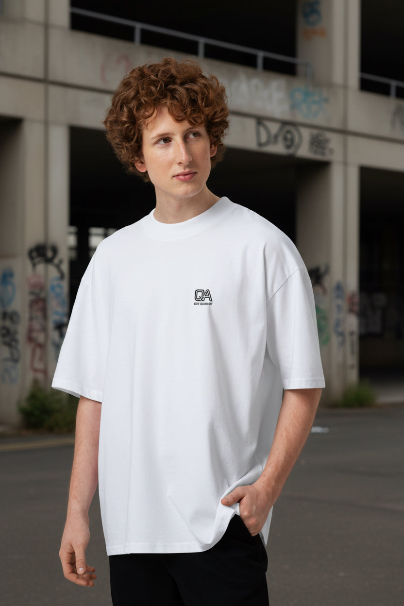 White unisex Craftklart Organic Oversized High Neck T-Shirt with high neckline, GOTS-certified streetwear style, front view.