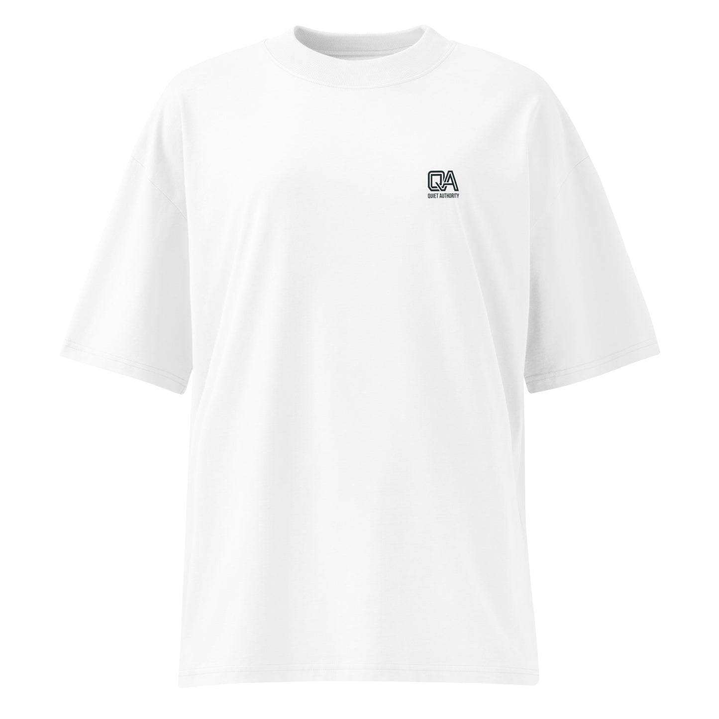 White unisex Craftklart Organic Oversized High Neck T-Shirt by Printify, GOTS-certified streetwear, front view with high neckline.