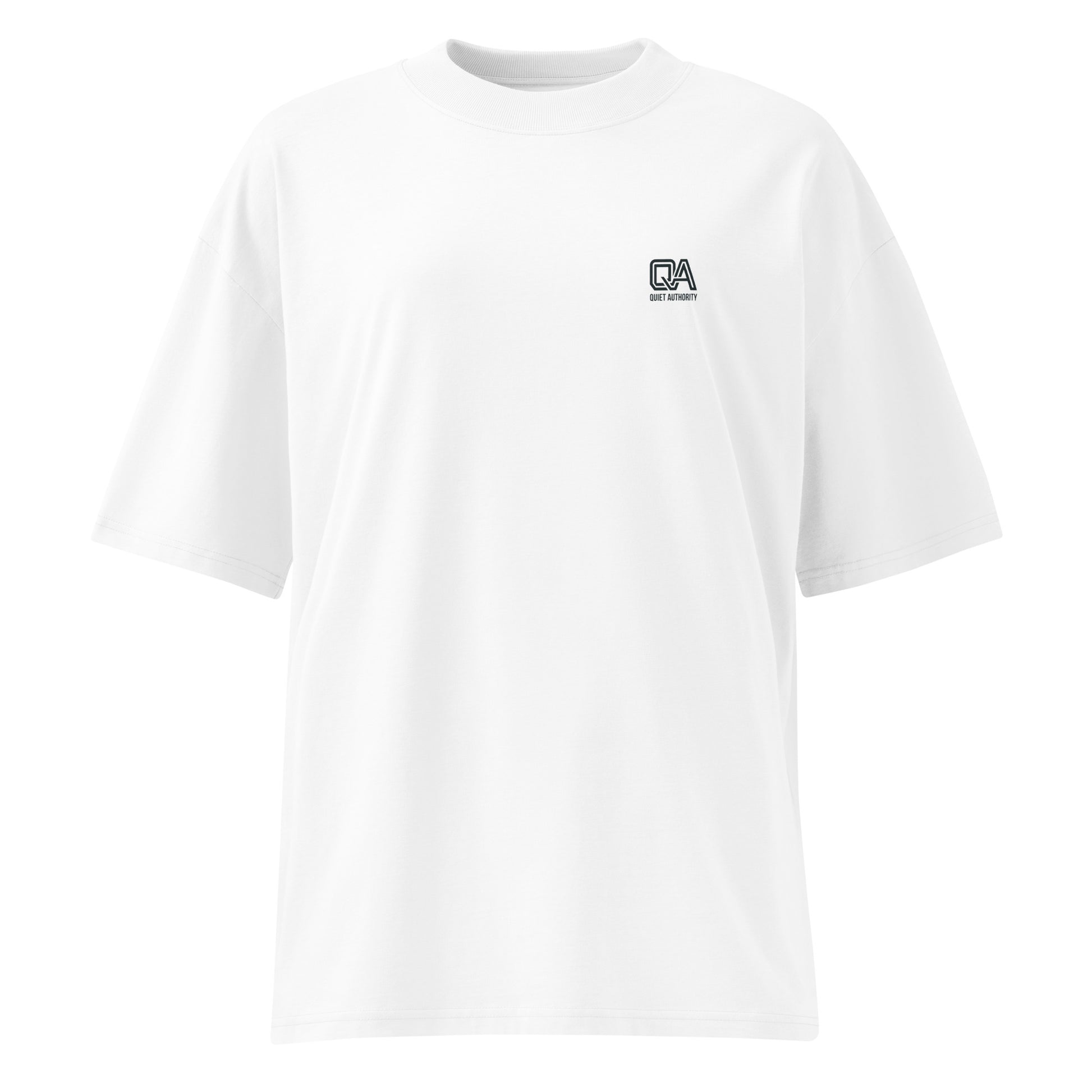 White unisex Craftklart Organic Oversized High Neck T-Shirt by Printify, GOTS-certified streetwear, front view with high neckline.