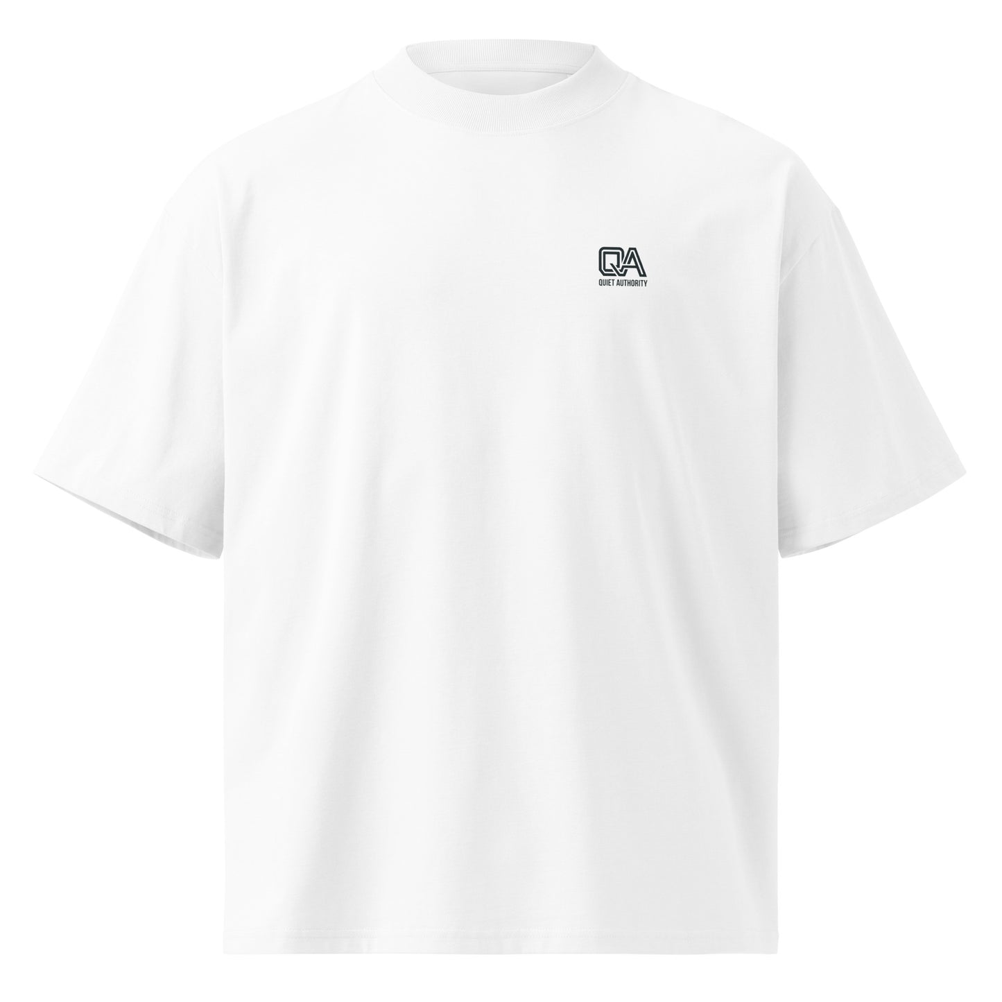 White unisex organic oversized high neck T-shirt by Craftklart, GOTS-certified streetwear, front view showing relaxed fit and high neckline.