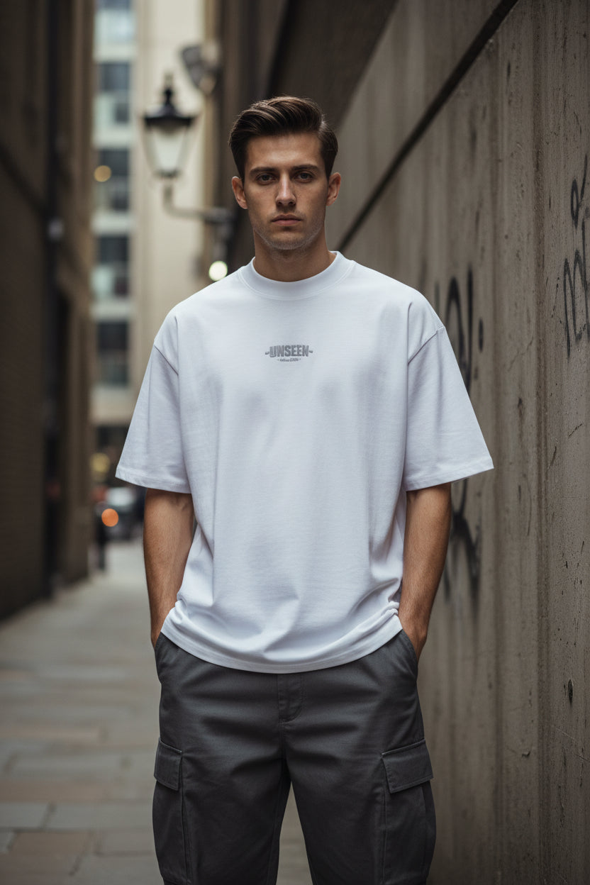 Unisex white oversized organic high-neck T-shirt by Craftklart, featuring a relaxed fit and minimal design.