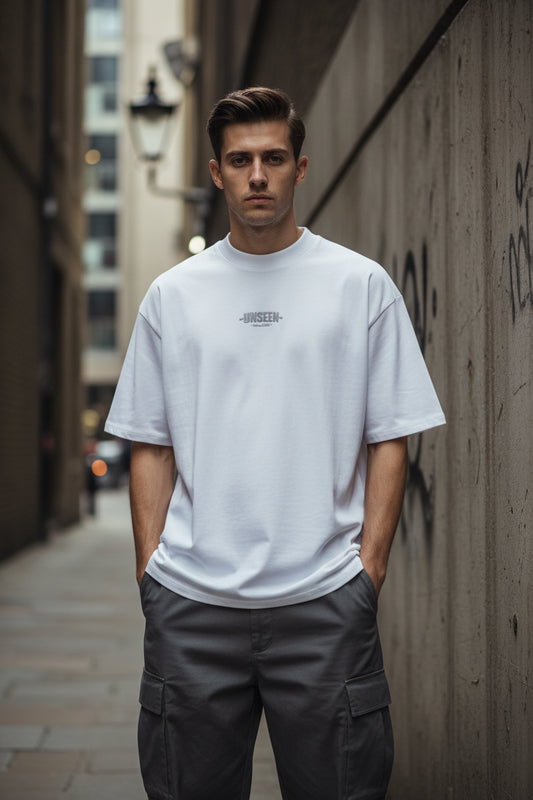 Unisex white oversized organic high-neck T-shirt by Craftklart, featuring a relaxed fit and minimal design.
