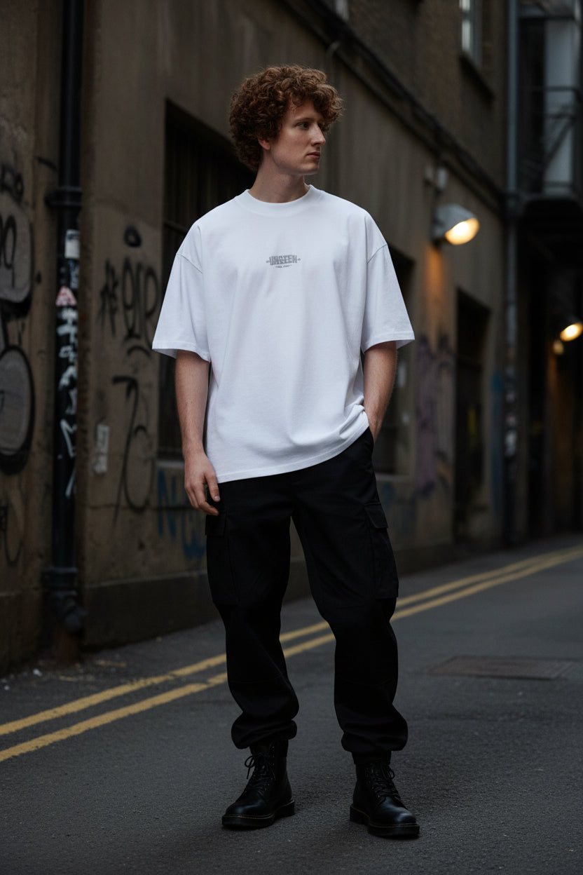White oversized organic high-neck T-shirt for men and women with a relaxed fit, from Craftklart's Urban Fashion & Streetwear collection.
