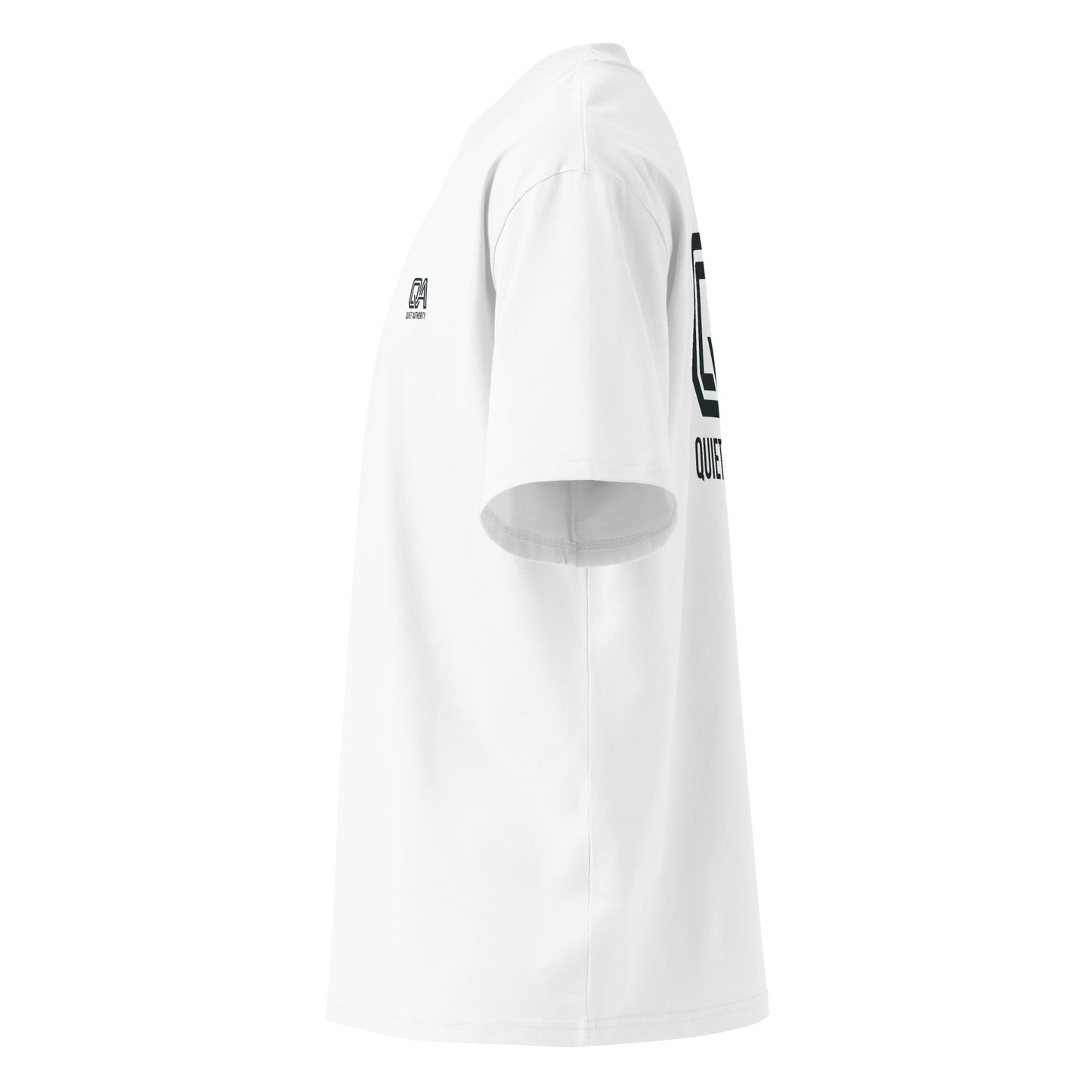 Unisex white Craftklart Organic Oversized High Neck T-Shirt with a high neckline and relaxed fit, GOTS-certified streetwear by Printify.