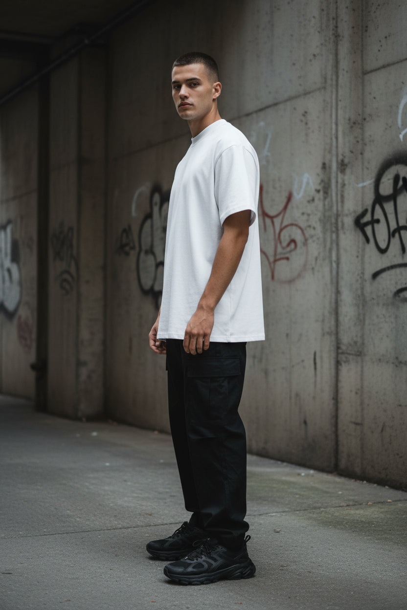 Unisex oversized white organic high-neck T-shirt by Craftklart, featuring a relaxed fit and minimalist design.