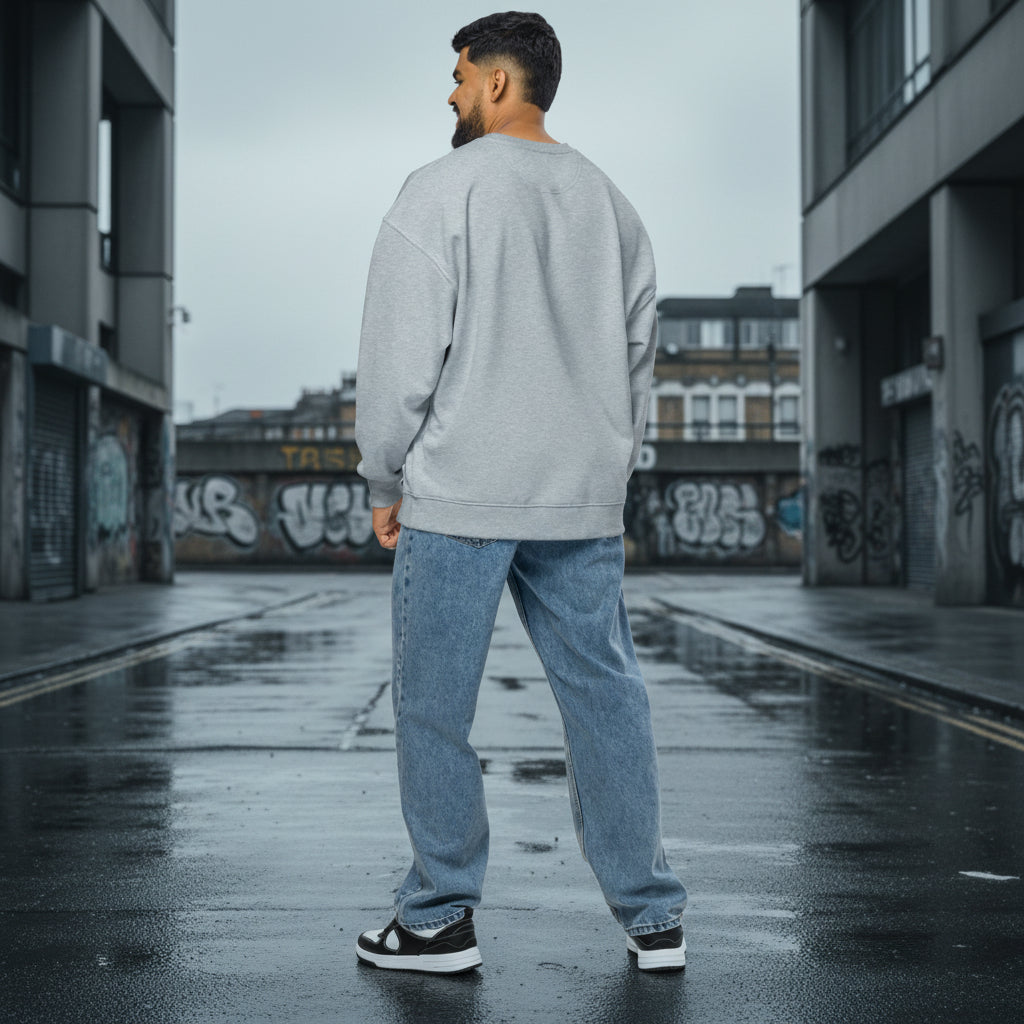 Unisex heather grey oversized organic sweatshirt with back design, crafted by Craftklart for sustainable streetwear style.