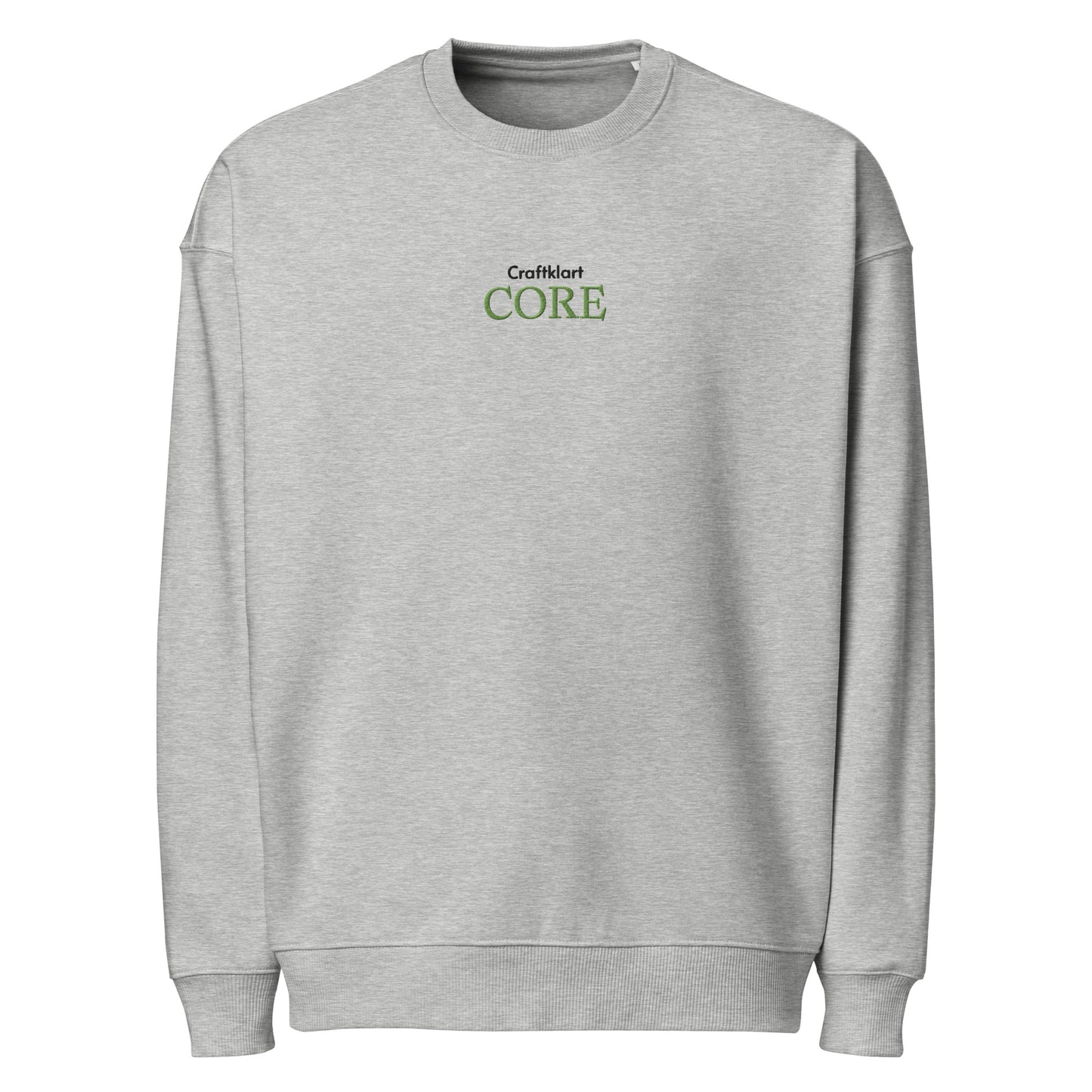Unisex heather grey oversized organic sweatshirt from Craftklart CORE Organic Streetwear collection, featuring a relaxed fit and long sleeves.