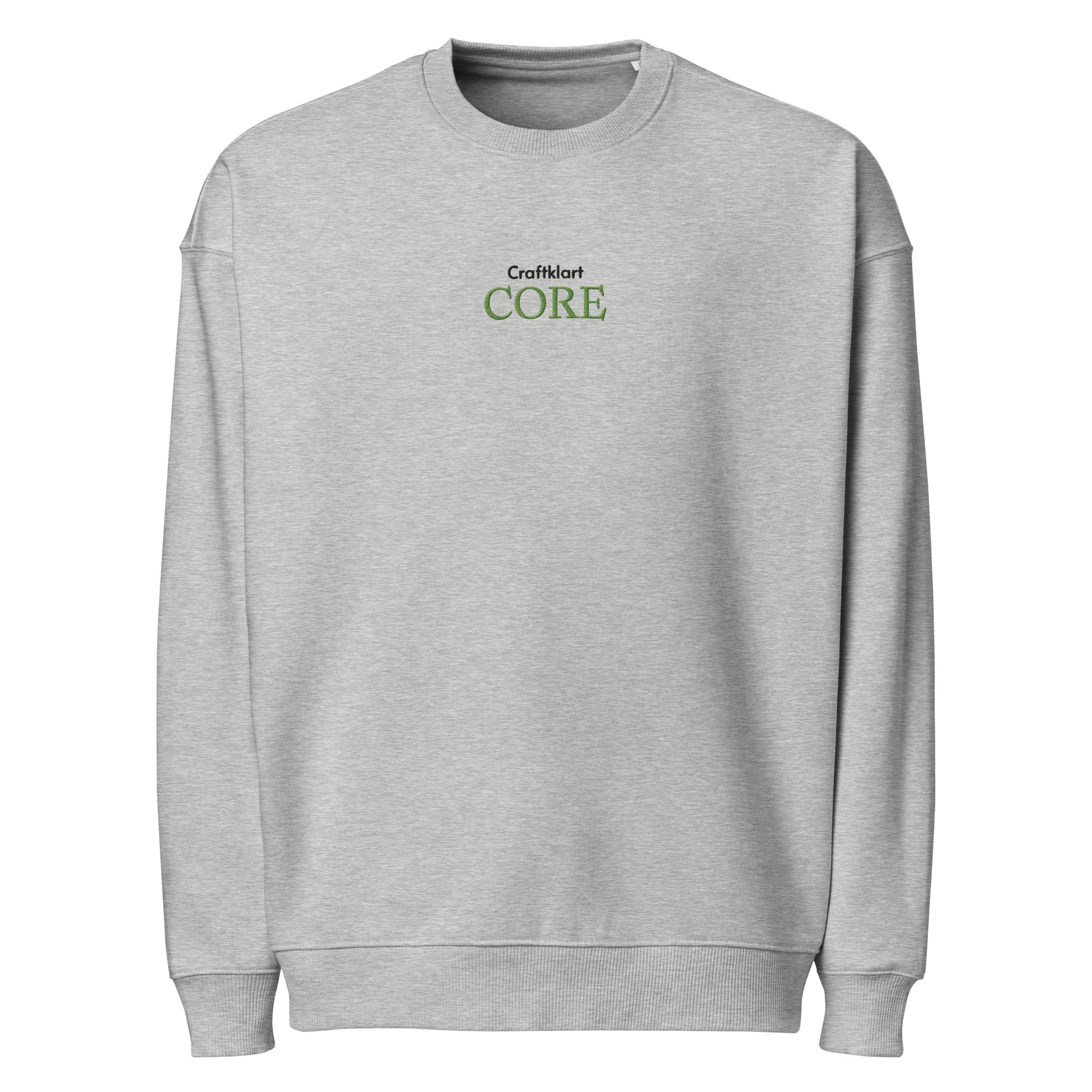 Unisex heather grey oversized organic sweatshirt from Craftklart CORE Organic Streetwear collection, featuring a relaxed fit and long sleeves.