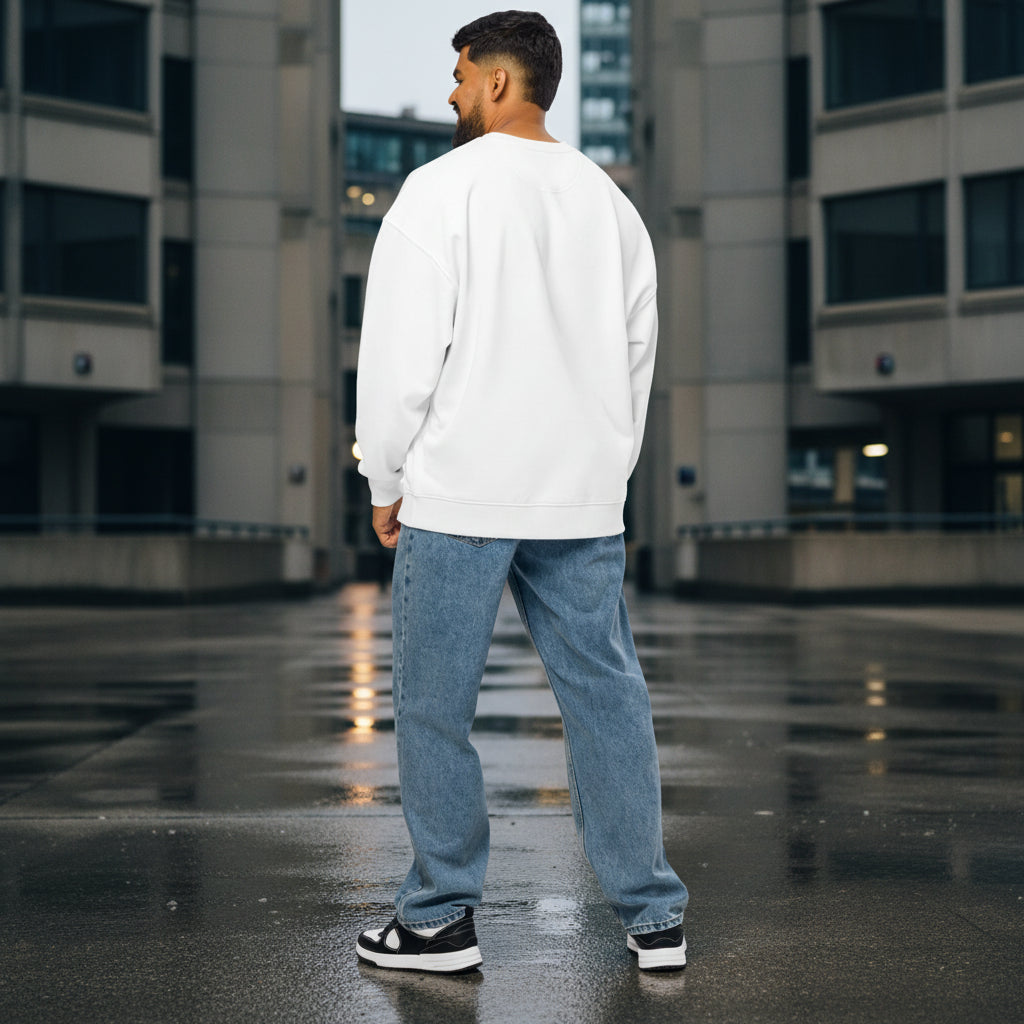 Unisex white Craftklart CORE Organic Oversized Sweatshirt, sustainable streetwear long sleeve top with a relaxed fit, back view.