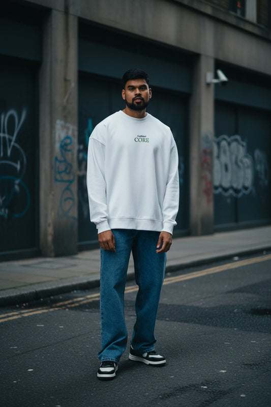 White Craftklart CORE Organic oversized sweatshirt, unisex long sleeve top with sustainable streetwear style, front view.