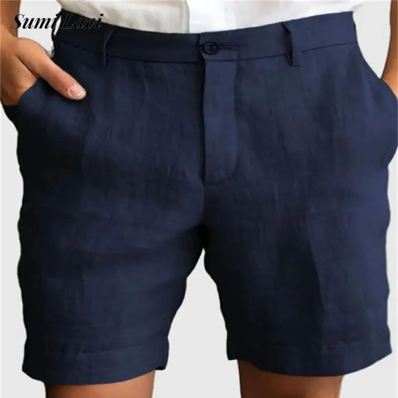 Light blue men's casual linen shorts with zip-up and button front, breathable, loose fit, ideal for summer leisure wear.