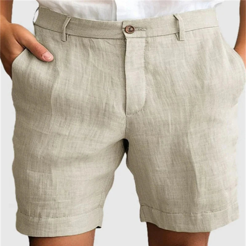 Light blue men's linen shorts with zip-up and button closure, casual and breathable, suitable for summer leisure wear.
