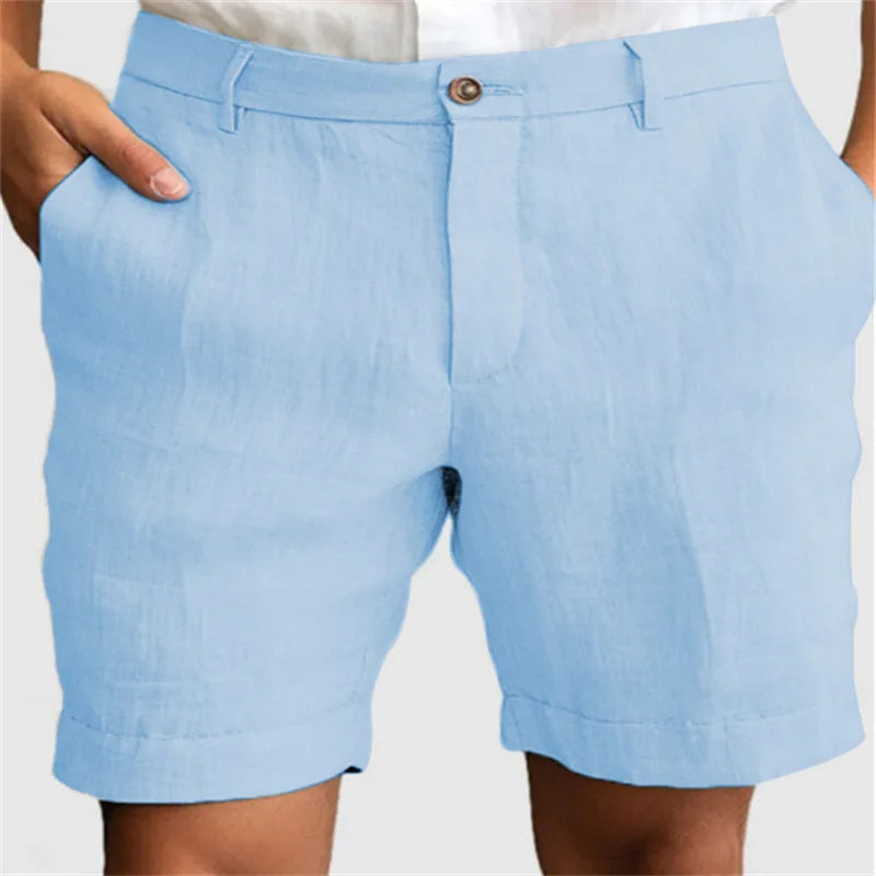 Light blue men's linen shorts featuring a zip-up and button closure, casual breathable design with a loose straight fit.