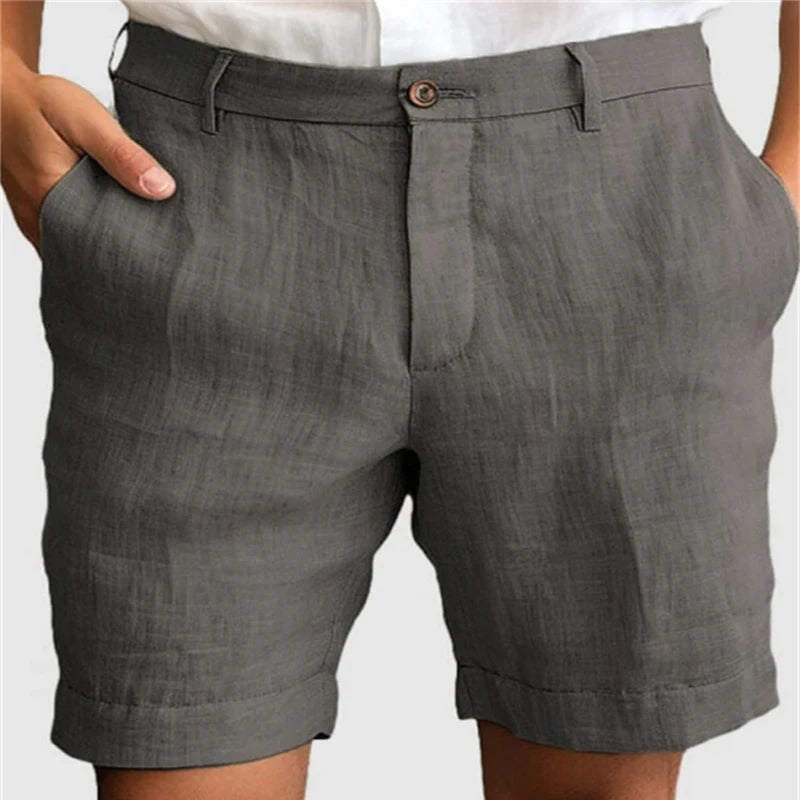 Light blue men's linen shorts featuring a zip-up and button closure, casual loose fit, perfect for summer leisure wear.