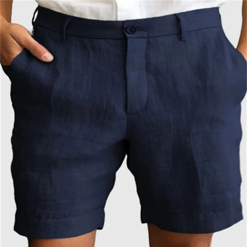Light-blue men's linen shorts from Urban Fashion & Streetwear featuring a zip-up front, button closure, and a loose, straight fit.