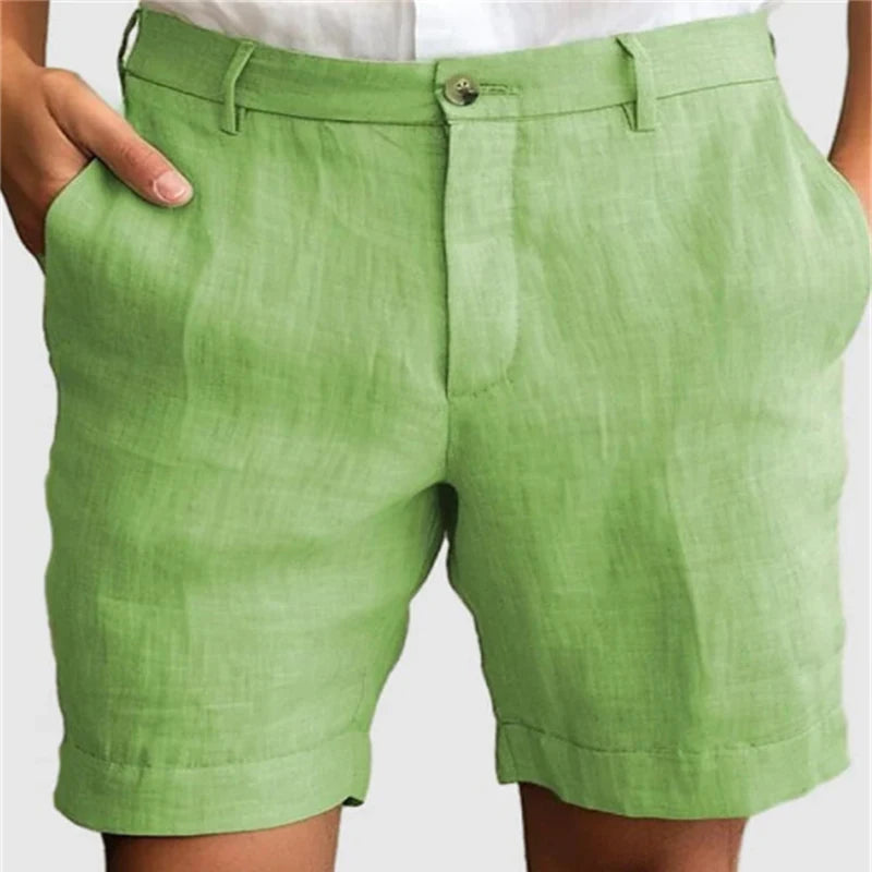 Light blue men's casual linen shorts with zip-up and button front, breathable, loose fit, ideal for summer leisure wear.