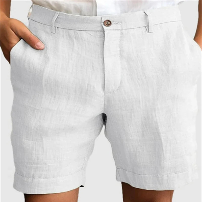 Light blue men's linen shorts with zip-up and button closure, casual breathable design, straight fit, perfect for summer leisure wear.