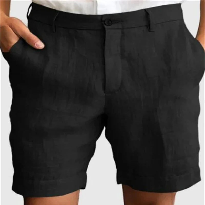 Light-blue breathable linen shorts for men featuring a zip-up front, button closure, casual style, and a loose straight fit.