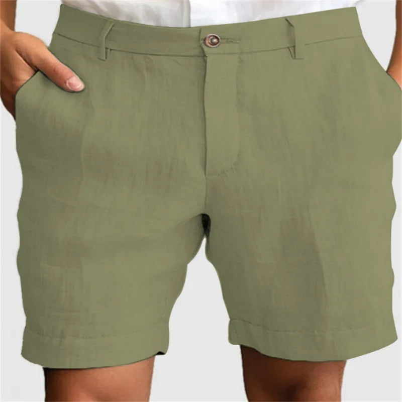 Light blue men's linen shorts from Urban Fashion & Streetwear featuring a zip-up button closure, casual loose fit, and straight style.