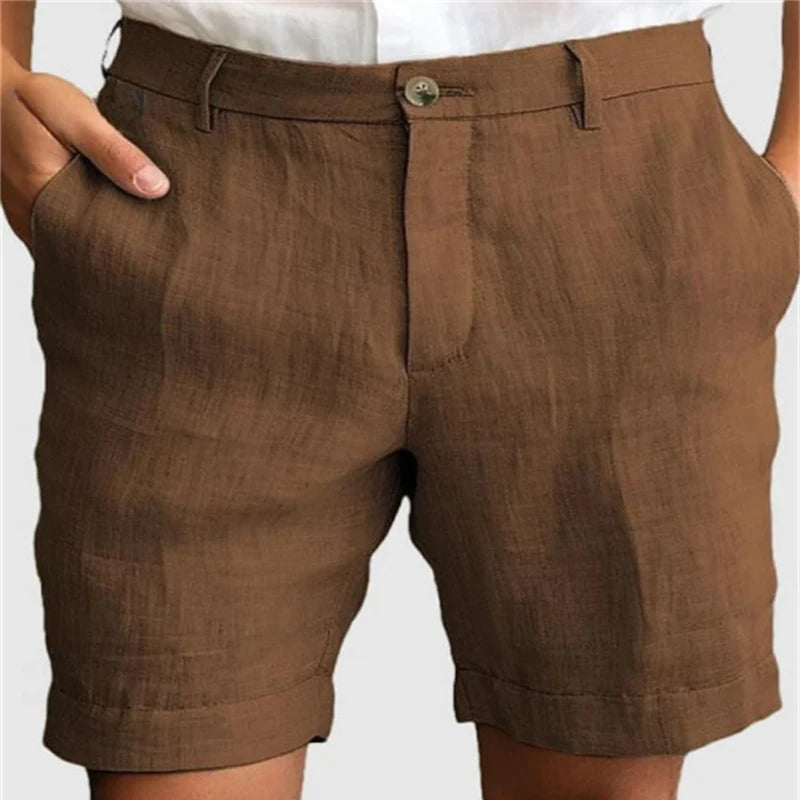 Light blue men's linen shorts with zip-up fly and button, casual breathable summer shorts for leisure and daily wear.