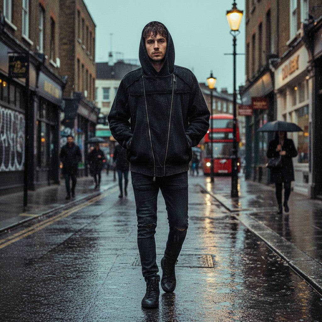 Urban Fashion & Streetwear | Craftklart washed black asymmetric zip-up hoodie with raw-edge fringe on a city street.