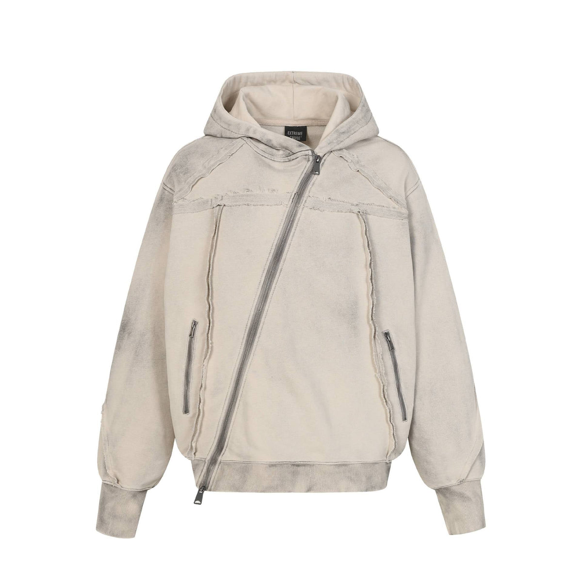 Urban Fashion & Streetwear | Craftklart off-white asymmetric zip-up hoodie with distressed raw-edge fringed seams.