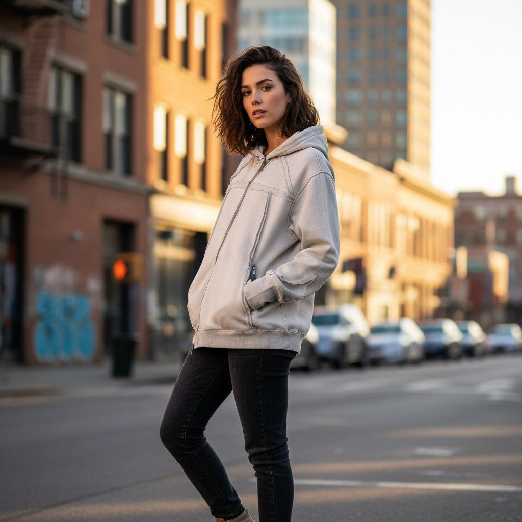 Woman wearing an Urban Fashion & Streetwear | Craftklart off-white asymmetric zip-up hoodie with raw-edge fringe detail