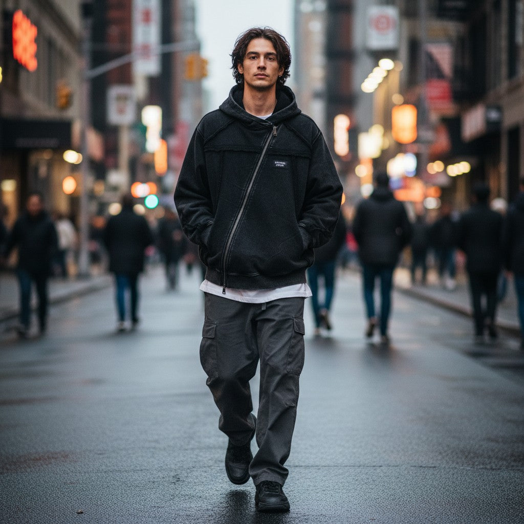 A man wearing an Urban Fashion & Streetwear | Craftklart black asymmetric zip-up hoodie with fringe on a city street.