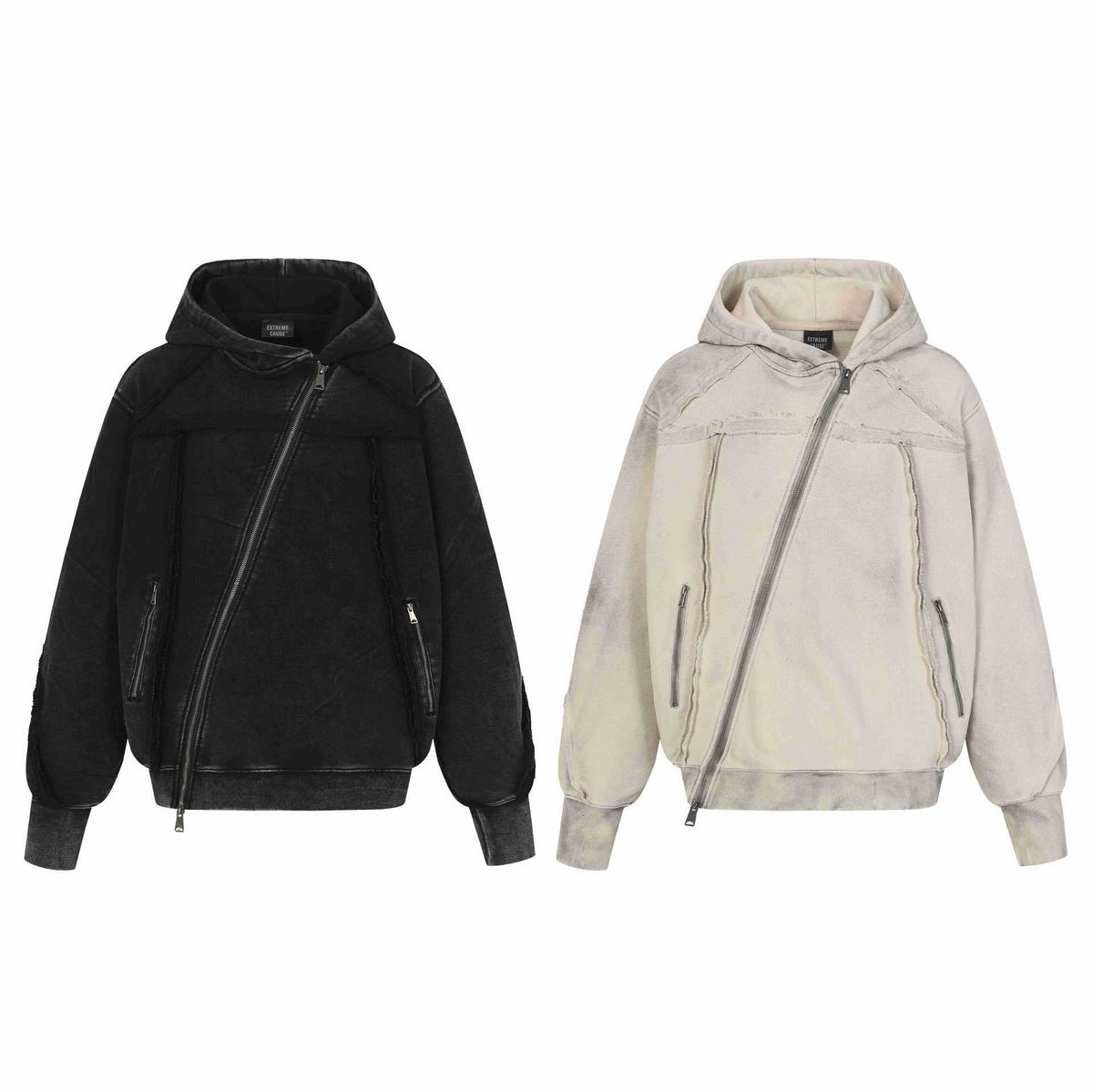 Urban Fashion & Streetwear | Craftklart Extreme Cause asymmetric zip-up hoodies in washed black and off-white.