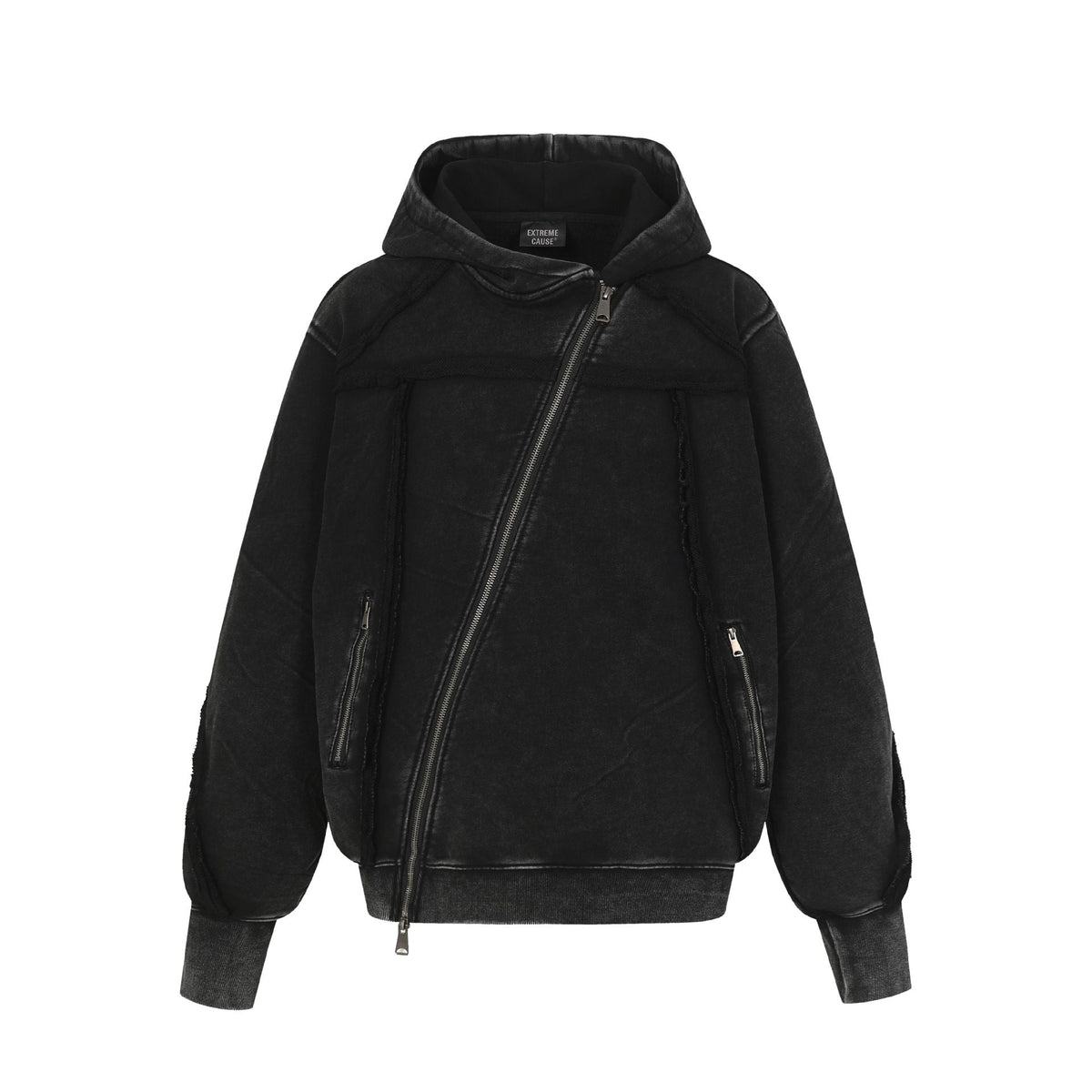 Urban Fashion & Streetwear | Craftklart Extreme Cause washed black hoodie with asymmetrical zip and raw-edge fringe