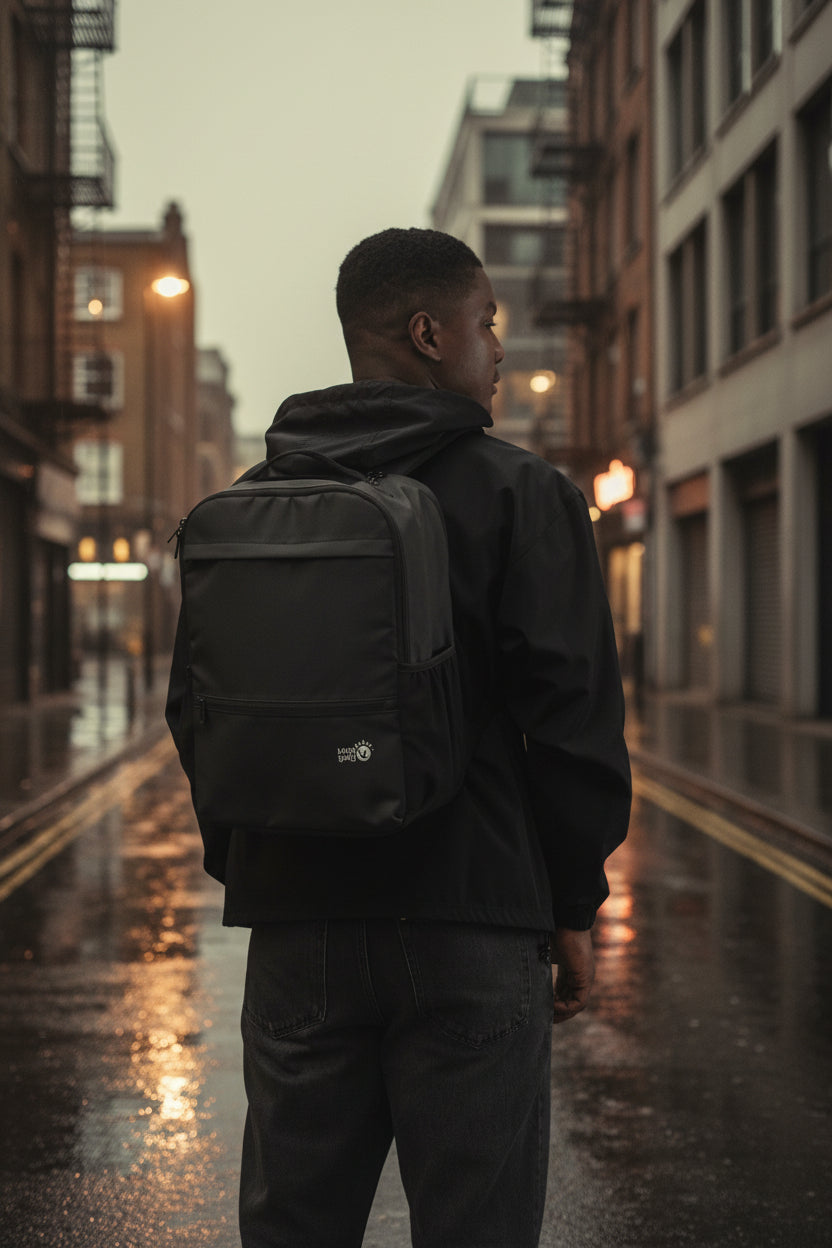 Urban Utility Backpack by Urban Fashion & Streetwear featuring all-over print design, black fabric, and a spacious laptop compartment.