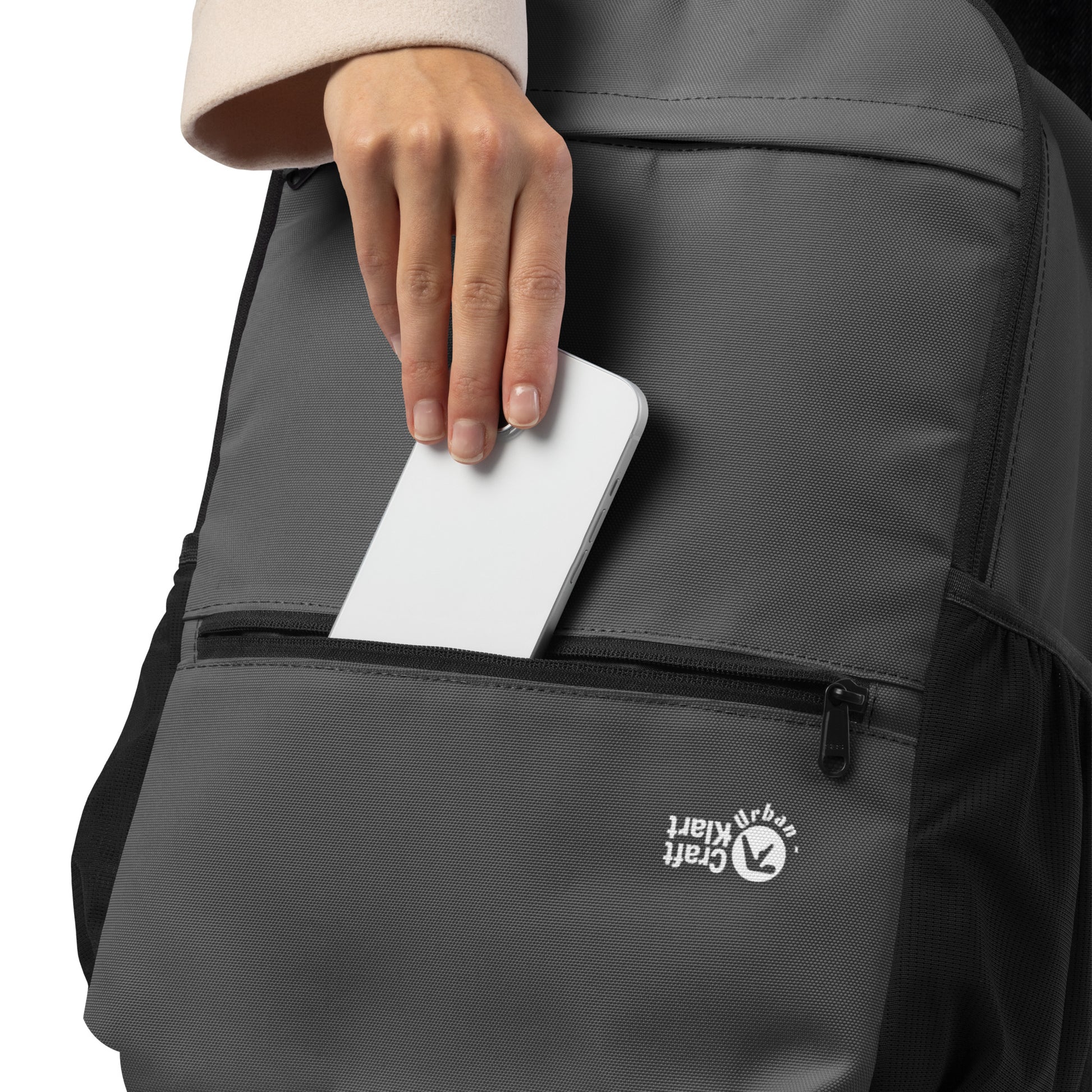 Black Urban Utility Backpack by Craftklart featuring all-over print design, ideal for carrying laptops and urban streetwear style.