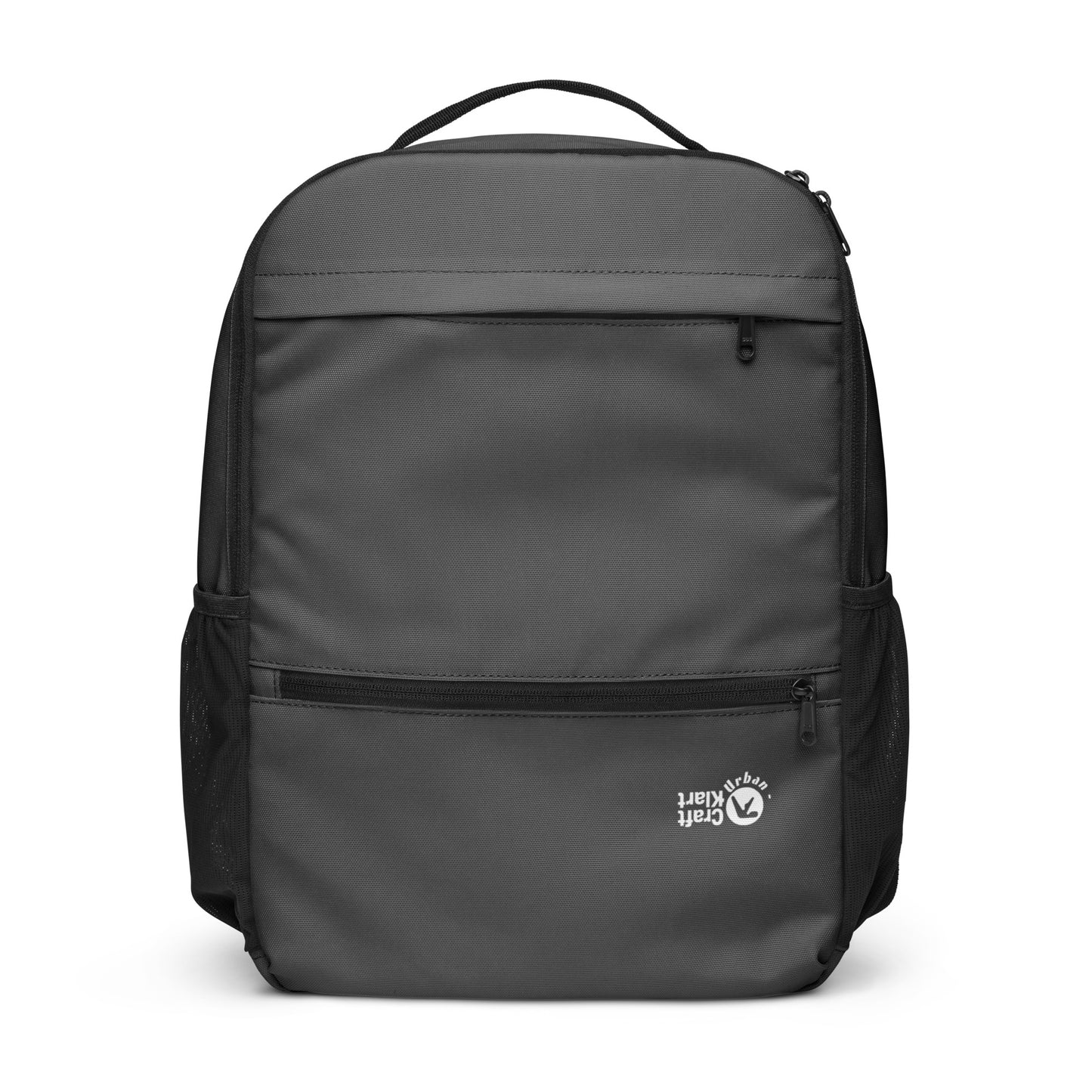 Black Urban Utility Backpack by Craftklart with all-over print, designed for laptops and everyday urban streetwear use.