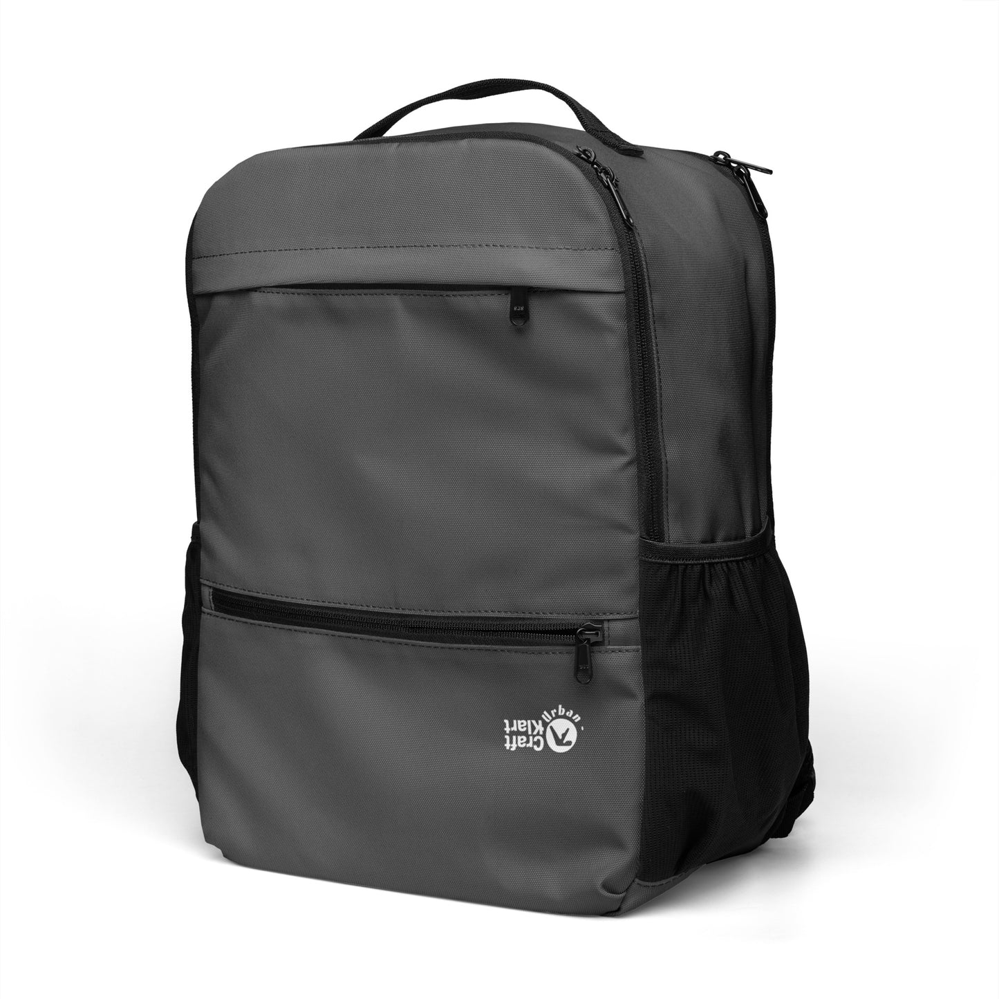 Urban Utility Backpack by Craftklart, all-over print black backpack with laptop compartment, urban streetwear style.