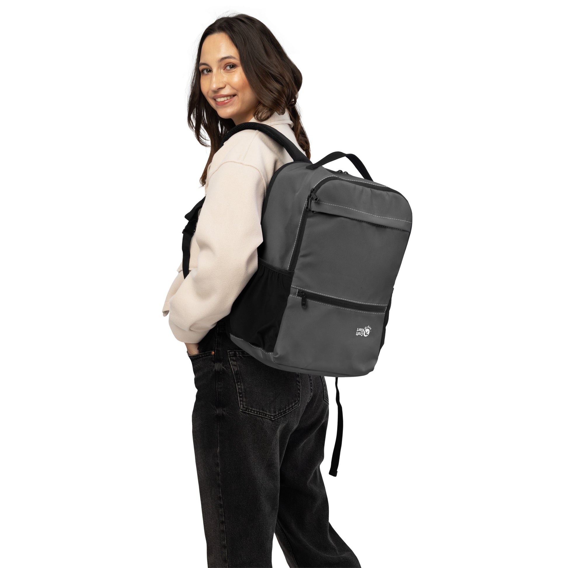 Urban Utility Backpack by Craftklart featuring an all-over print design, black color, and a spacious laptop compartment.