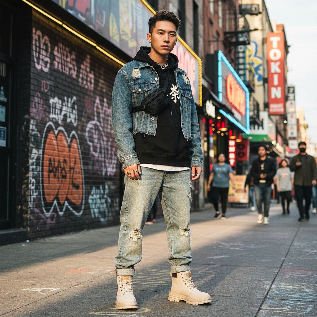 Urban Fashion & Streetwear | Craftklart rugged beige lace-up ankle boots worn by a man in a city street setting.