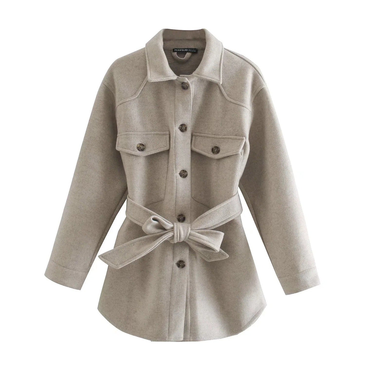 Urban Fashion & Streetwear | Craftklart beige polyester shirt coat with a belted waist, button front, and pockets.