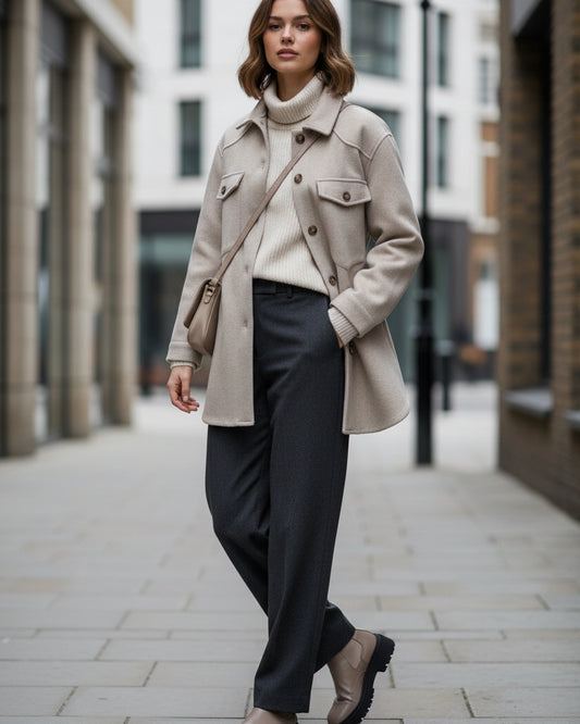 Urban Fashion & Streetwear | Craftklart beige polyester shirt coat with a belted waist and button-up front.
