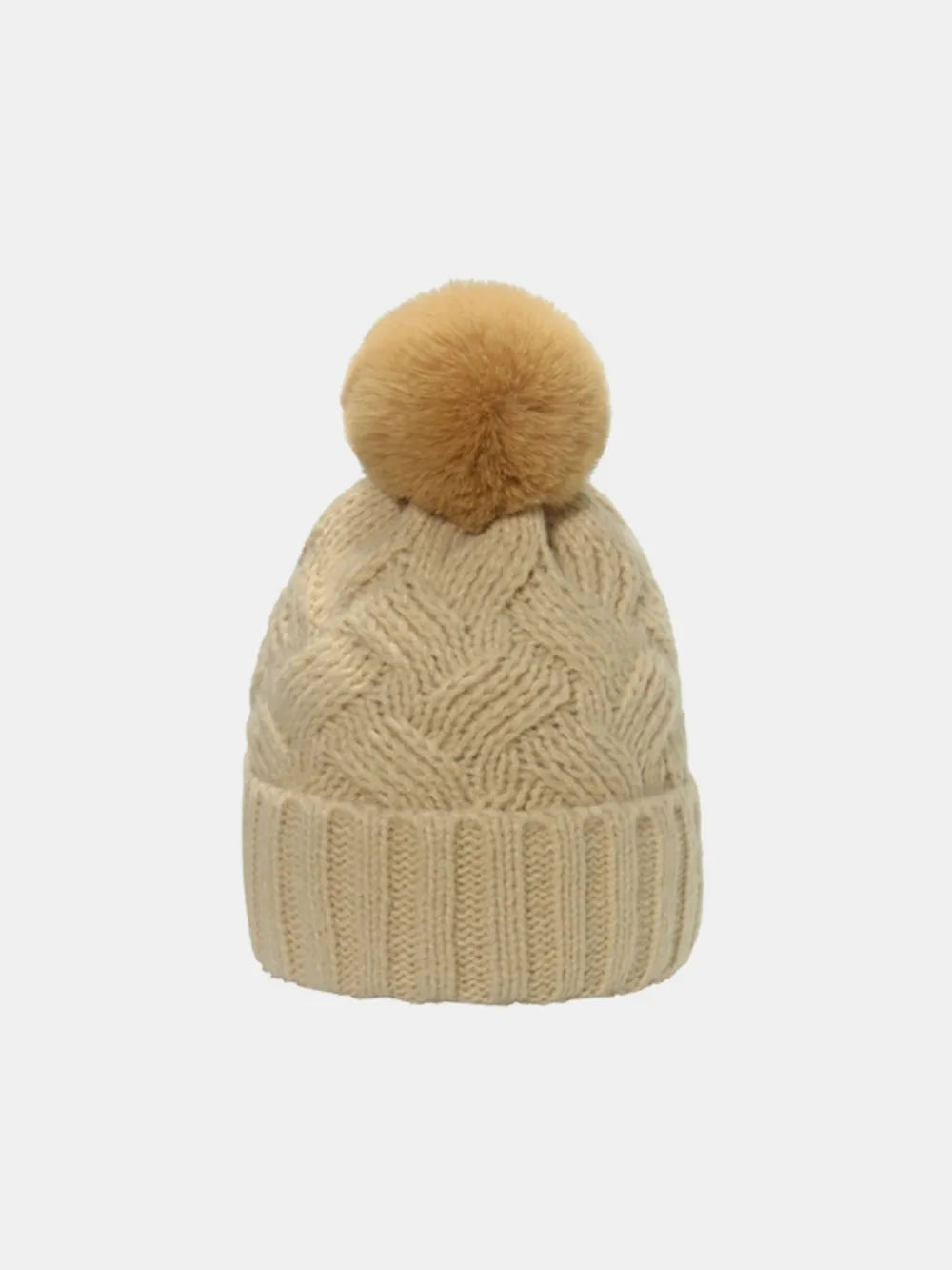 Urban Fashion & Streetwear | Craftklart beige cable-knit beanie with a roll rim and a fluffy tan pompom