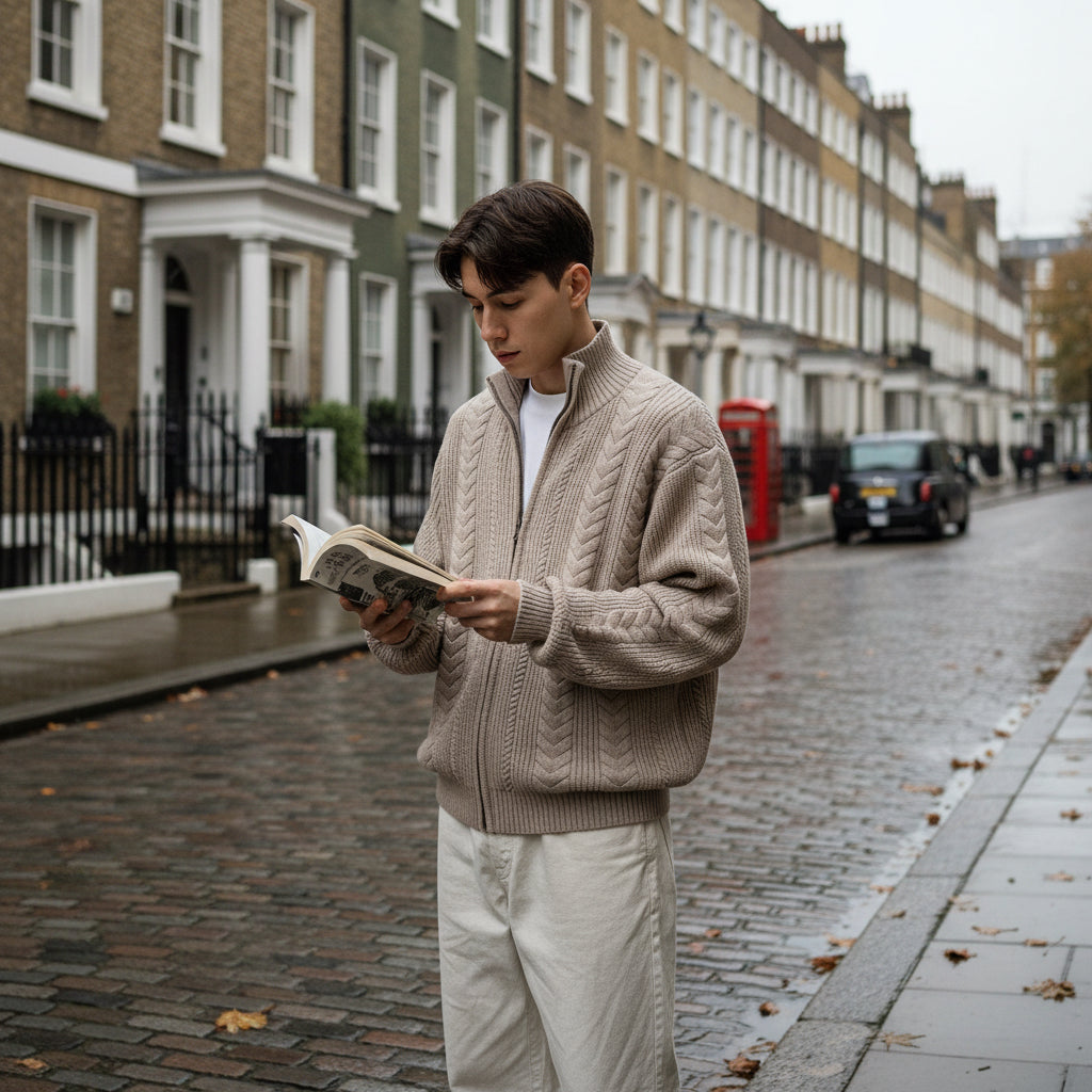 Urban Fashion & Streetwear | Craftklart beige cable knit full zip sweater with a mock neck worn by a man reading.