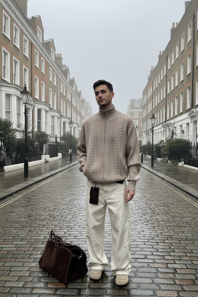 Urban Fashion & Streetwear | Craftklart beige cable knit full zip mock neck sweater worn by a man on a city street.