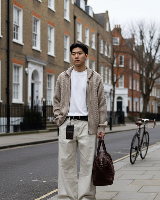A man wearing a beige cable knit full zip mock neck sweater from Urban Fashion & Streetwear | Craftklart on a street
