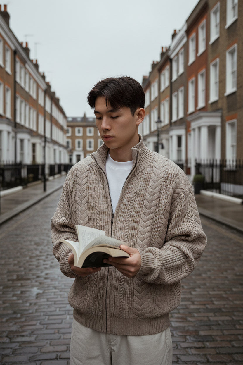 Man wearing a beige cable knit full zip mock neck sweater by Urban Fashion & Streetwear | Craftklart on a city street