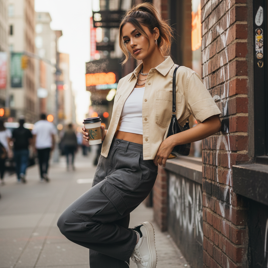 Urban Fashion & Streetwear | Craftklart beige cotton crop shirt with lapel collar worn by a woman on a city street