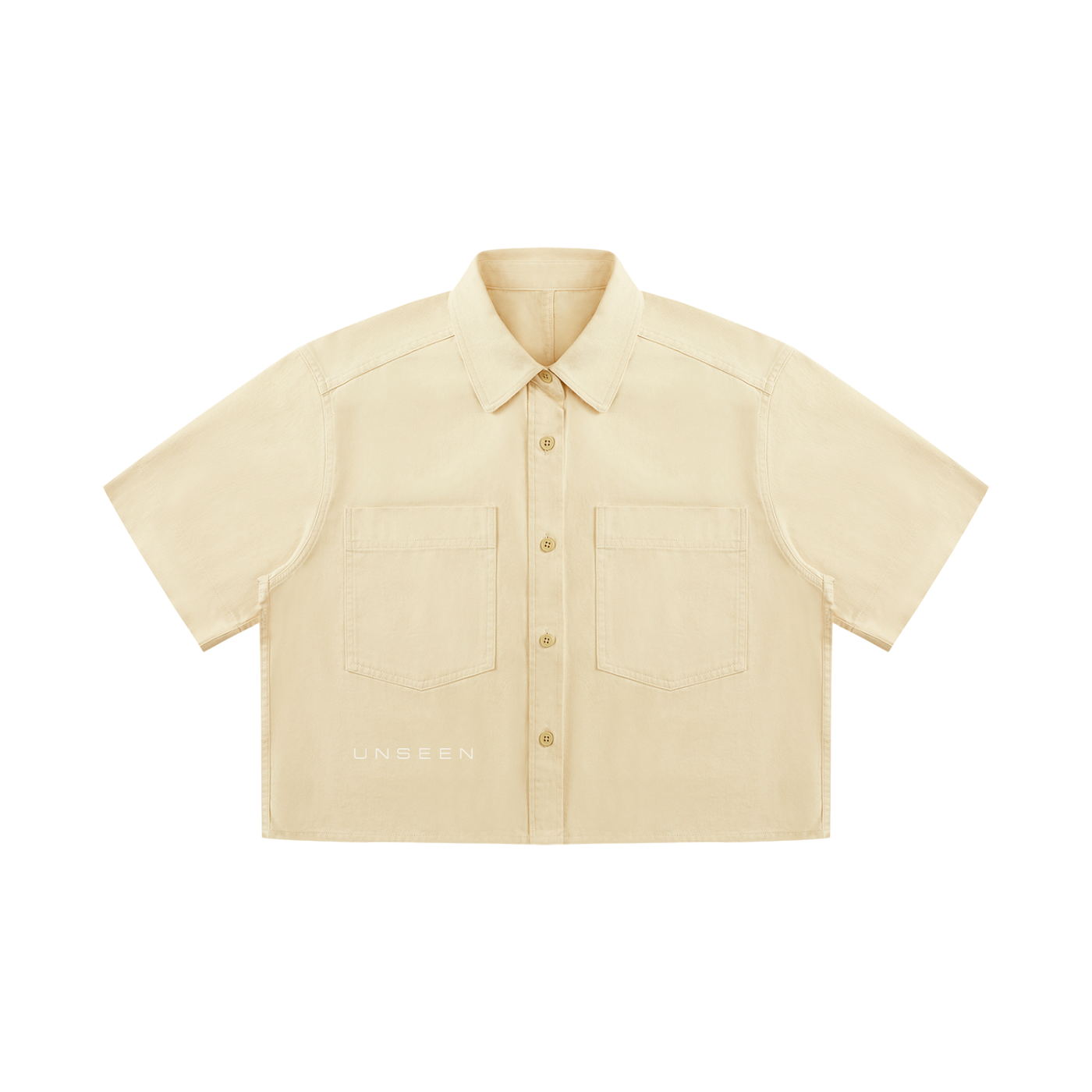 Urban Fashion & Streetwear | Craftklart beige cotton crop shirt with short sleeves, lapel collar, and front pockets.