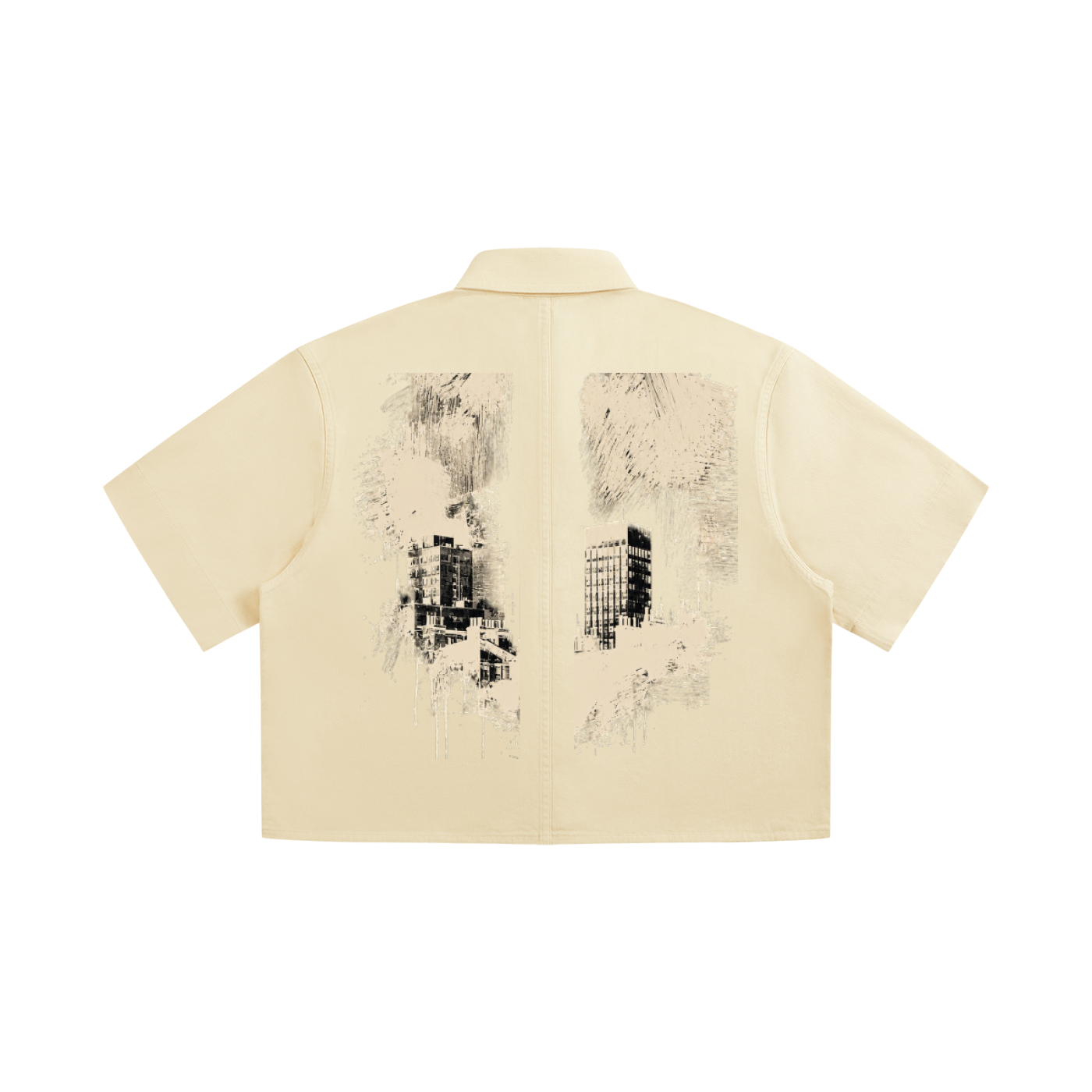 Back view of Urban Fashion & Streetwear | Craftklart beige cotton crop shirt with black city graphic print