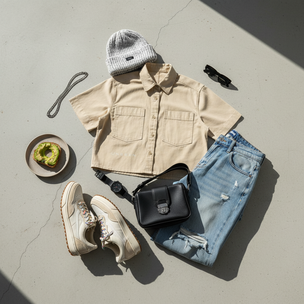 Urban Fashion & Streetwear | Craftklart beige cotton crop shirt with lapel collar and pockets in a flat lay outfit